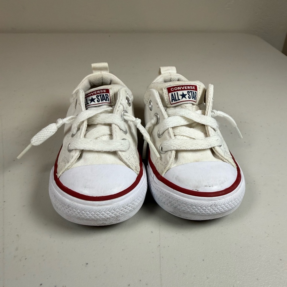 Converse Kids White Canvas Low Top Sneakers with Red and Blue Trim - Picture 3 of 8